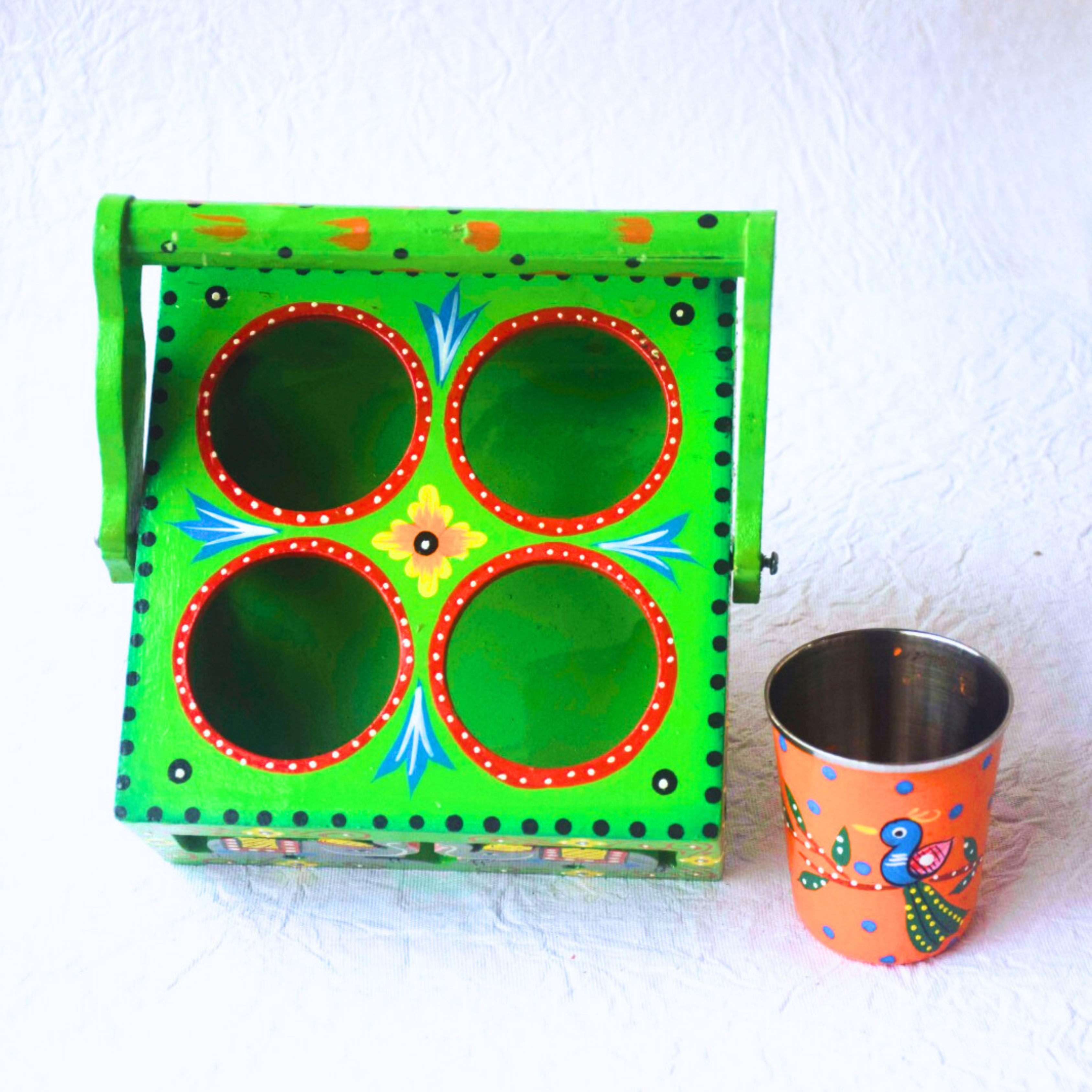 Rangyatra Wooden Glass Holder Hand-painted Multicolor Wooden Glass Holder & Tea Serving Tray Handicraft Item Made By Varanasi - Image 3