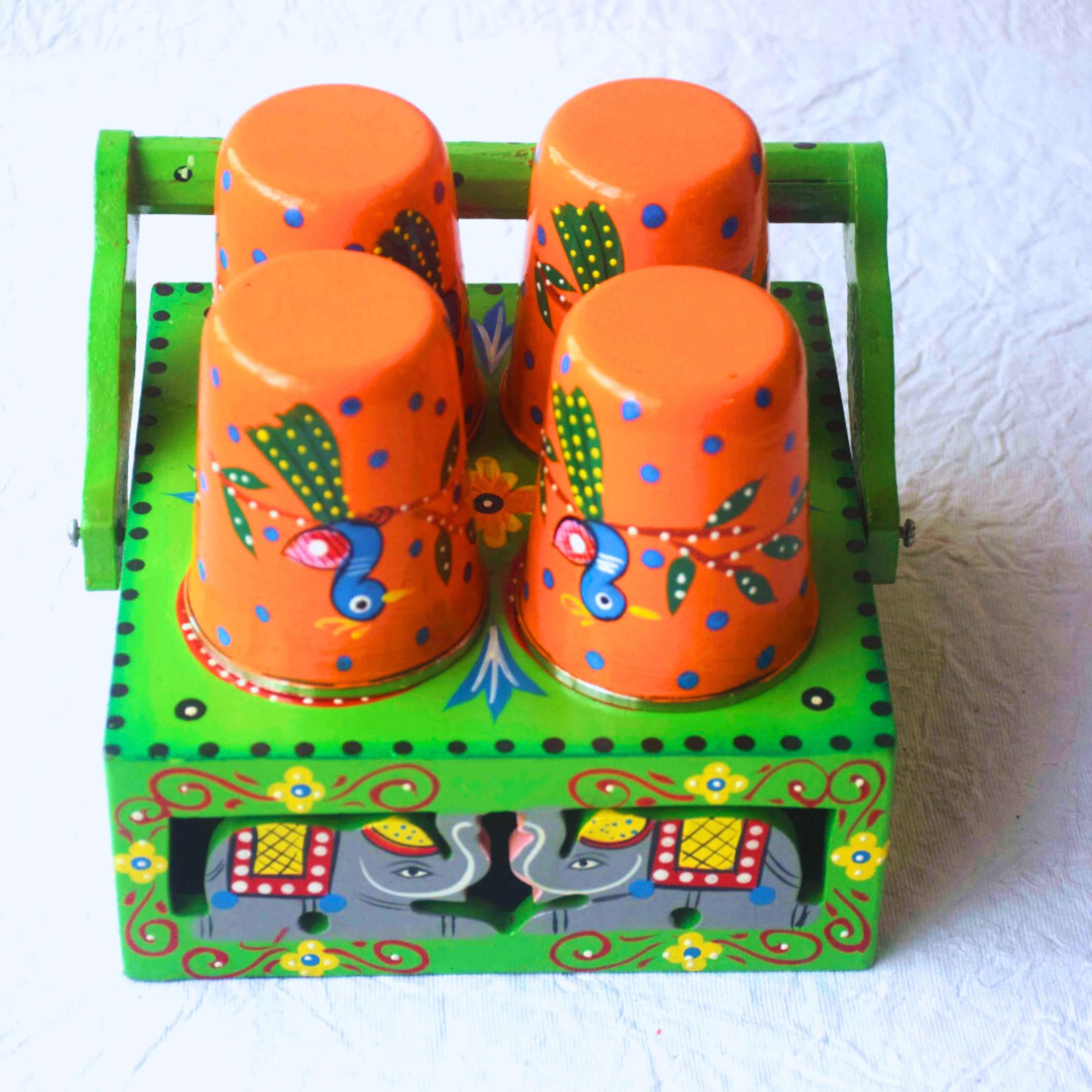 Rangyatra Wooden Glass Holder Hand-painted Multicolor Wooden Glass Holder & Tea Serving Tray Handicraft Item Made By Varanasi - Image 4